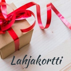 Lahjakortti Seikkutuote verkkokauppaan – kuvasa lahjapaketti, jossa punainen nauha, ja teksti "Lahjakortti".