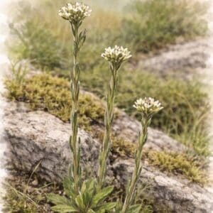 Jäykkäpitkäpalko (Arabis hirsuta) – hoikka, karvainen varsi ja pienet valkoiset kukat kivikkoisella kasvupaikalla.