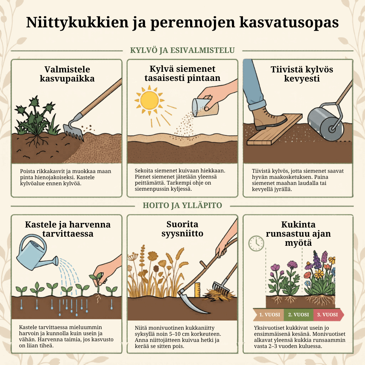 Niittykukkien ja perennojen kasvatusopas, jossa neuvotaan kylvö, kastelu, syysniitto ja kukinnan kehittyminen.