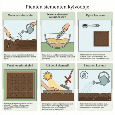 Pienten siementen kylvöohje, jossa neuvotaan maan esivalmistelu, pintakylvö, harva kylvö ja kosteuden ylläpito.