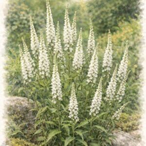 Tähkätädyke (Veronica spicata 'alba', Vit axveronika) – valkoiset tähkämäiset kukat. Kuvitus: tekoälyllä tuotettu.